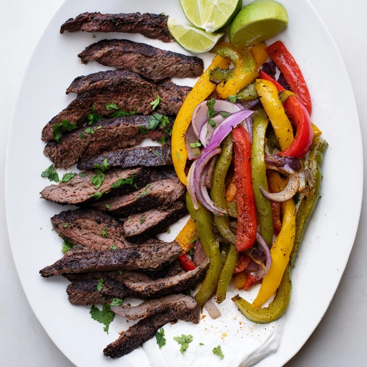 Sizzling grilled steak fajita platter with juicy meat strips, colorful bell peppers, and sautéed onions arranged on a serving board.