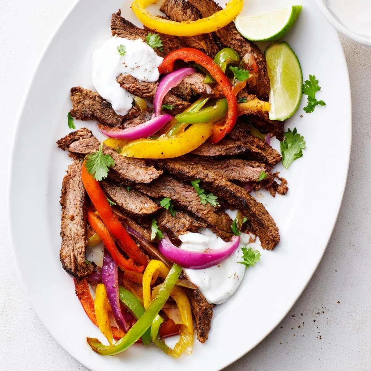 Warm tortillas filled with tender grilled steak fajitas, vibrant red and yellow peppers, and fresh garnishes of cilantro and lime.