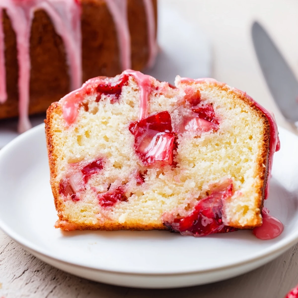 Golden brown strawberry pound cake drizzled with pink strawberry glaze on a white serving plate
