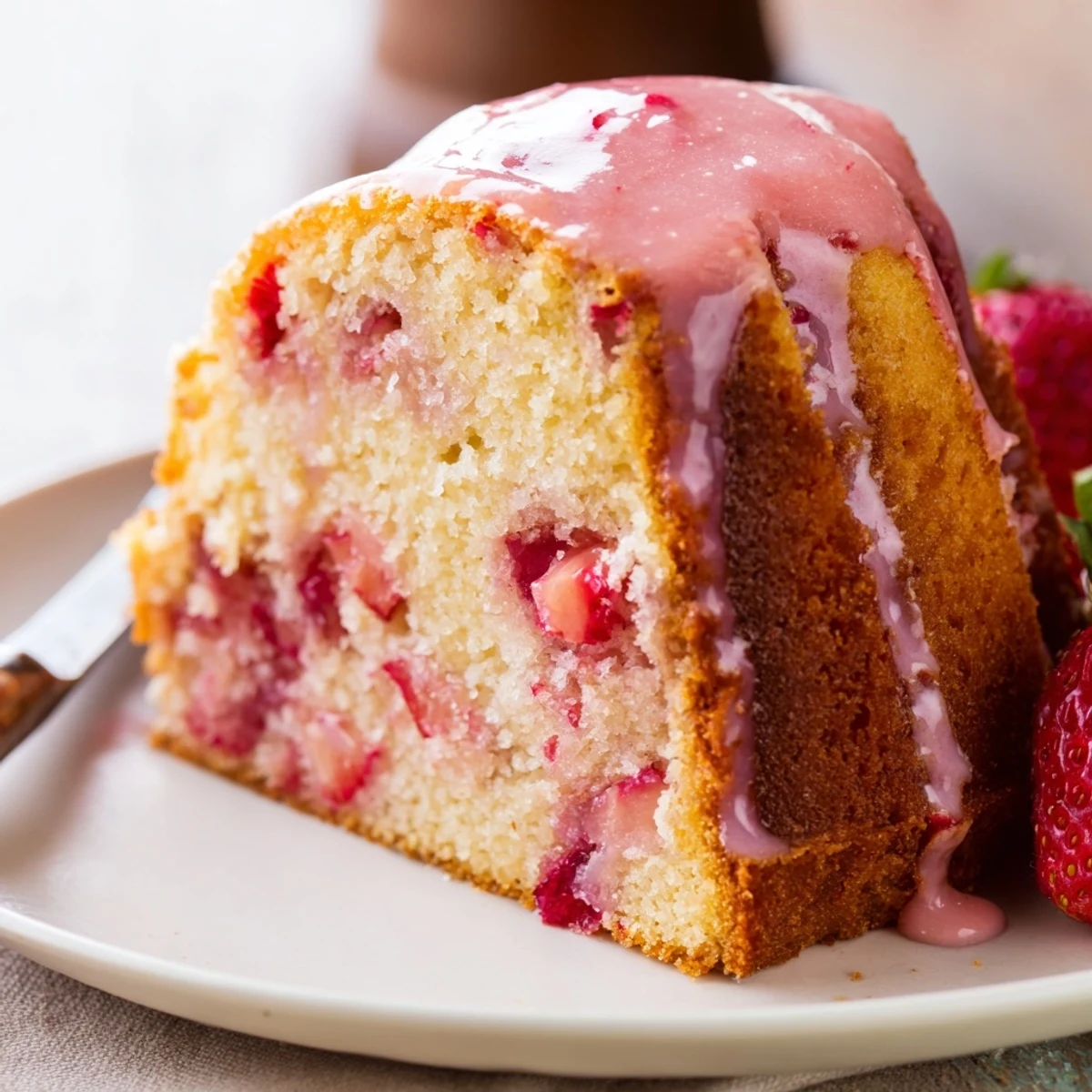 Slice of homemade strawberry pound cake with red berry pieces and glossy white icing