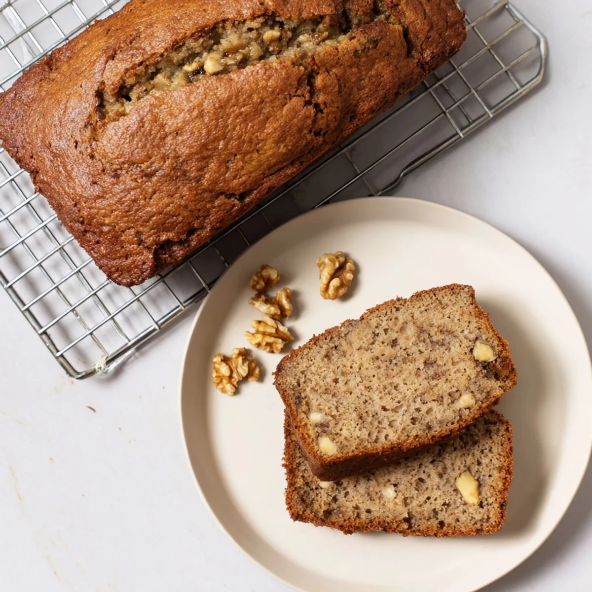 Homemade moist banana bread cooling on a wire rack with steam rising, golden crust and vanilla aroma visible