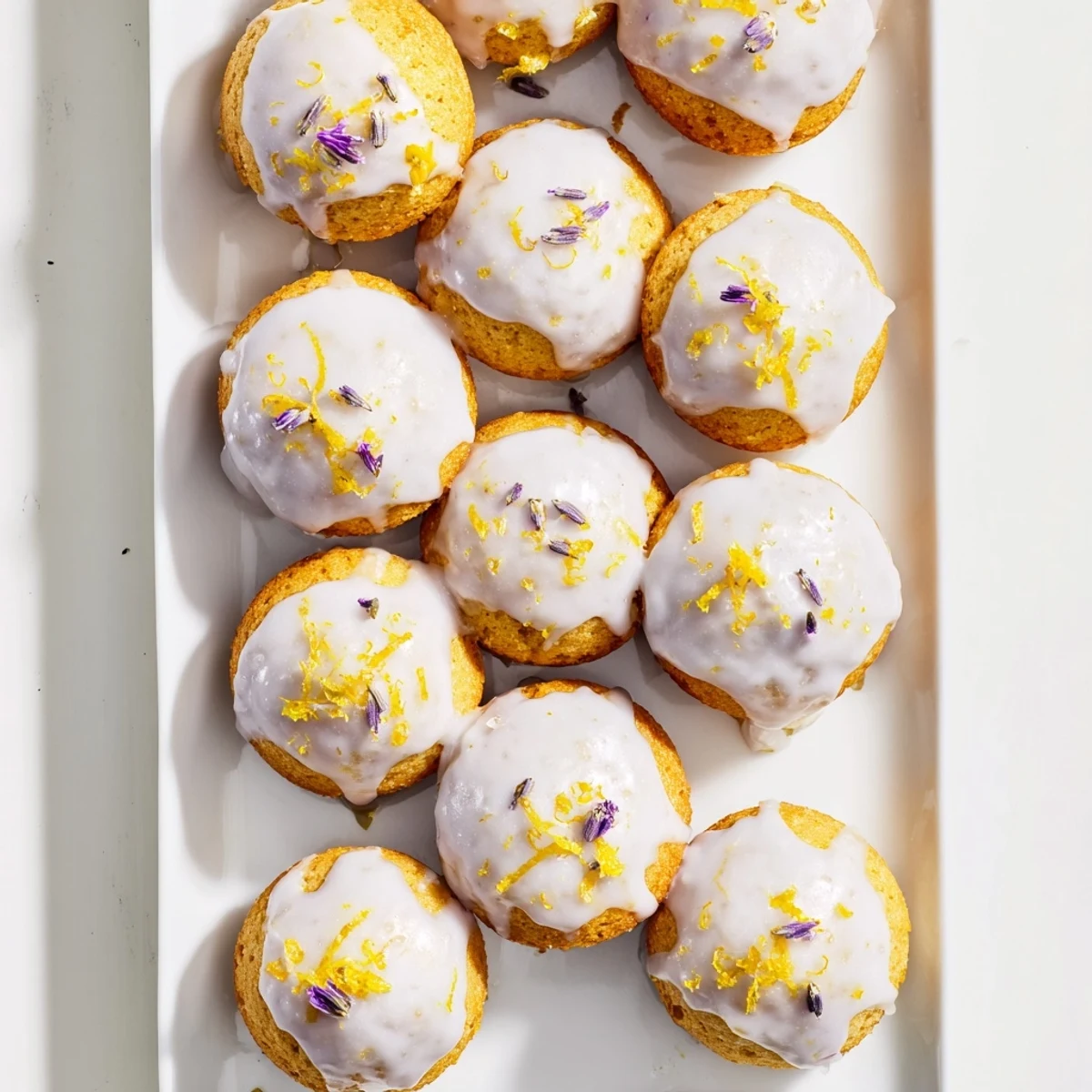 Golden mini lemon cakes drizzled with lavender glaze and topped with fresh lemon zest