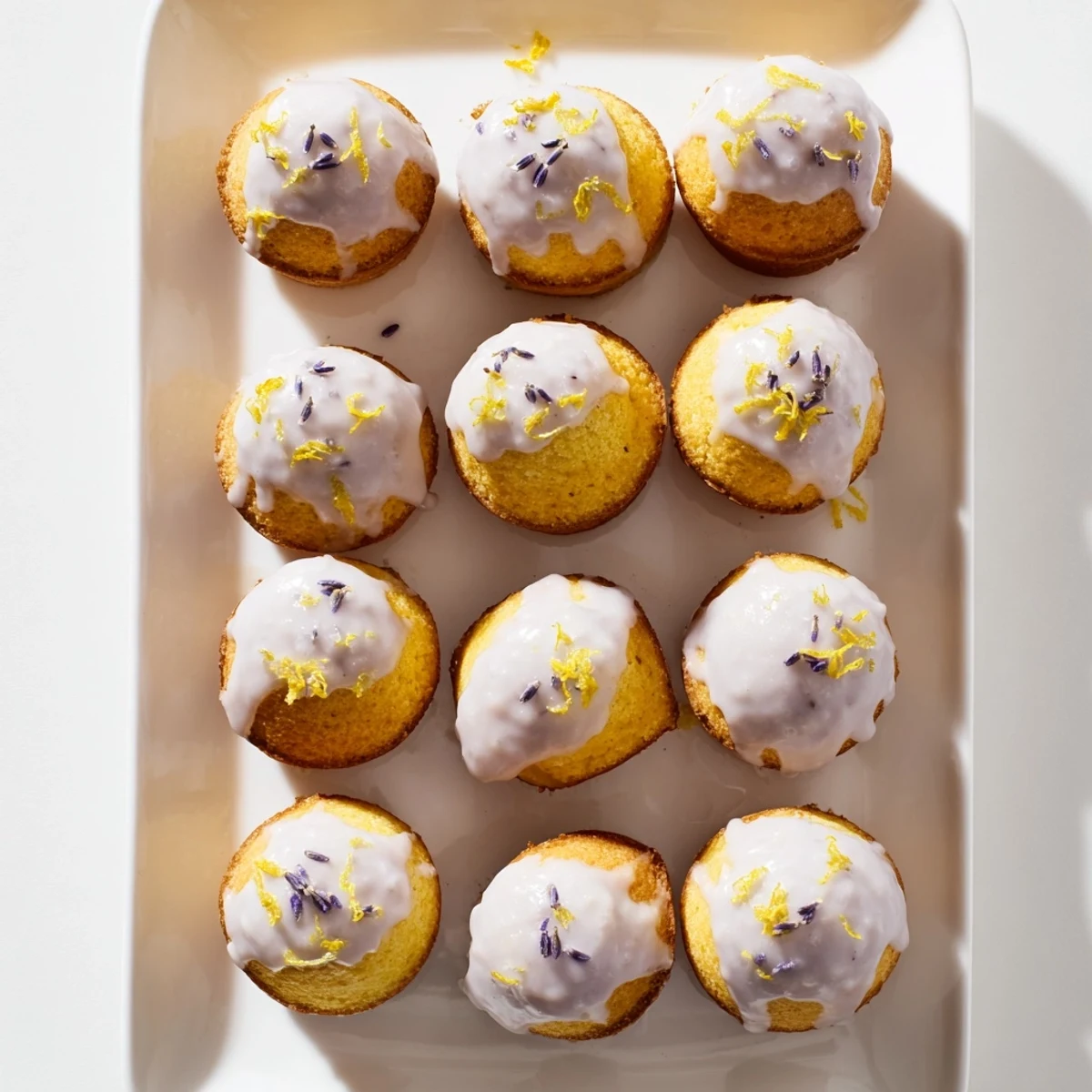 Tender lemon mini cakes topped with smooth purple lavender glaze and edible lavender garnish