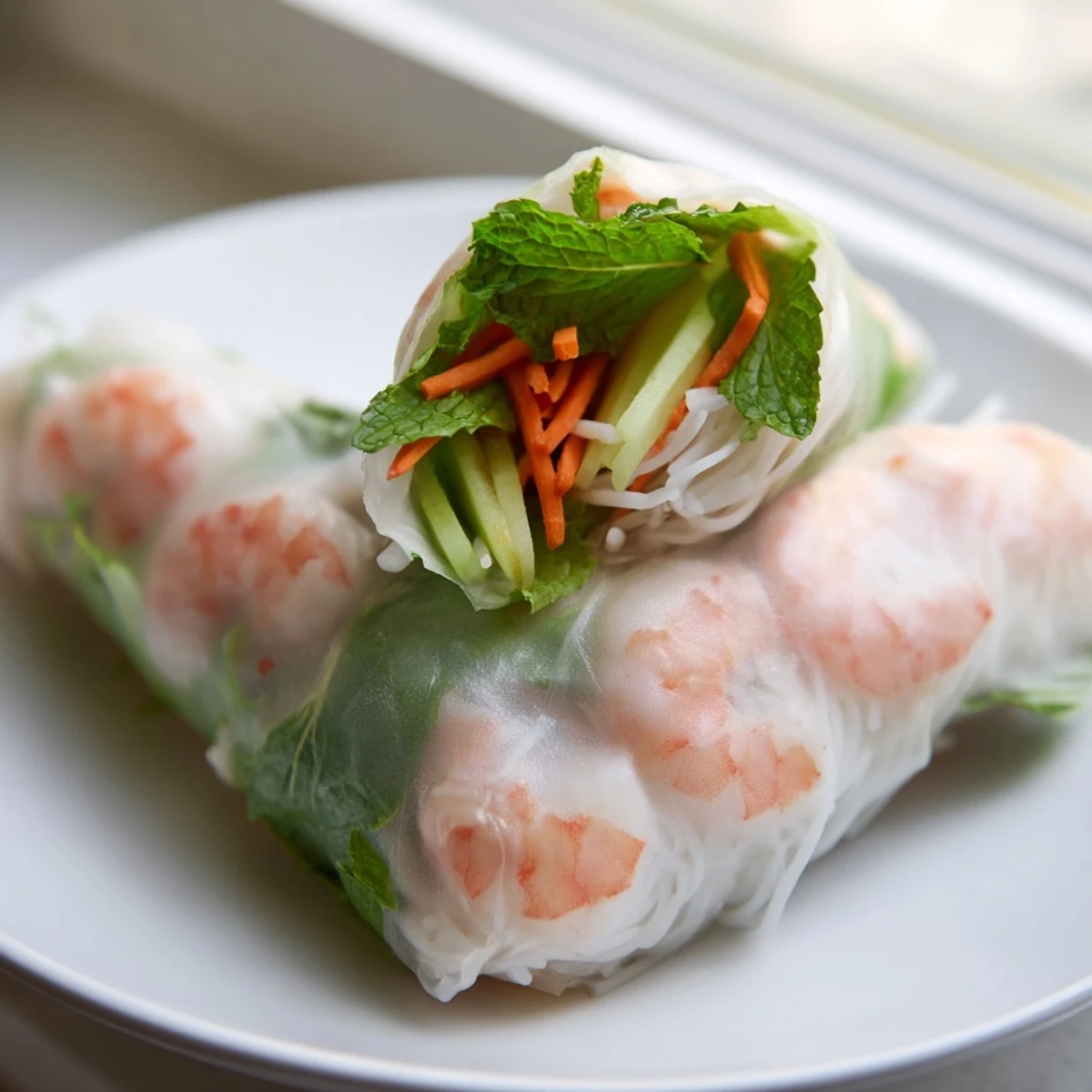 Transparent rice paper fresh Vietnamese spring rolls filled with vibrant shrimp, crisp vegetables, and vermicelli noodles