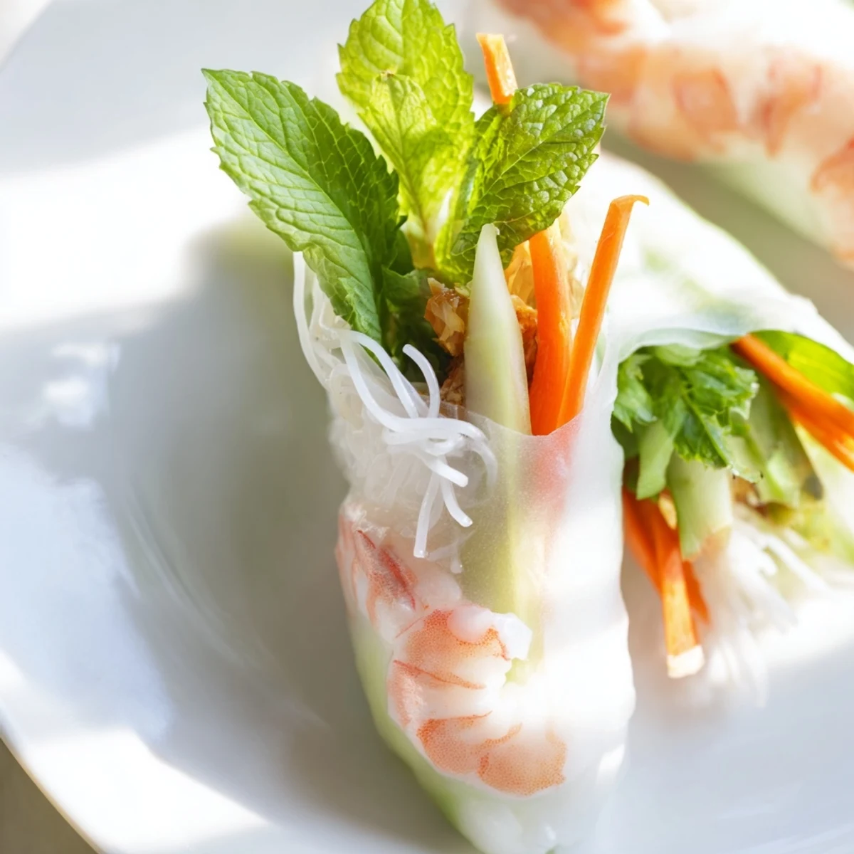 Light and healthy fresh Vietnamese spring rolls featuring pink shrimp, mint, and crisp julienned vegetables