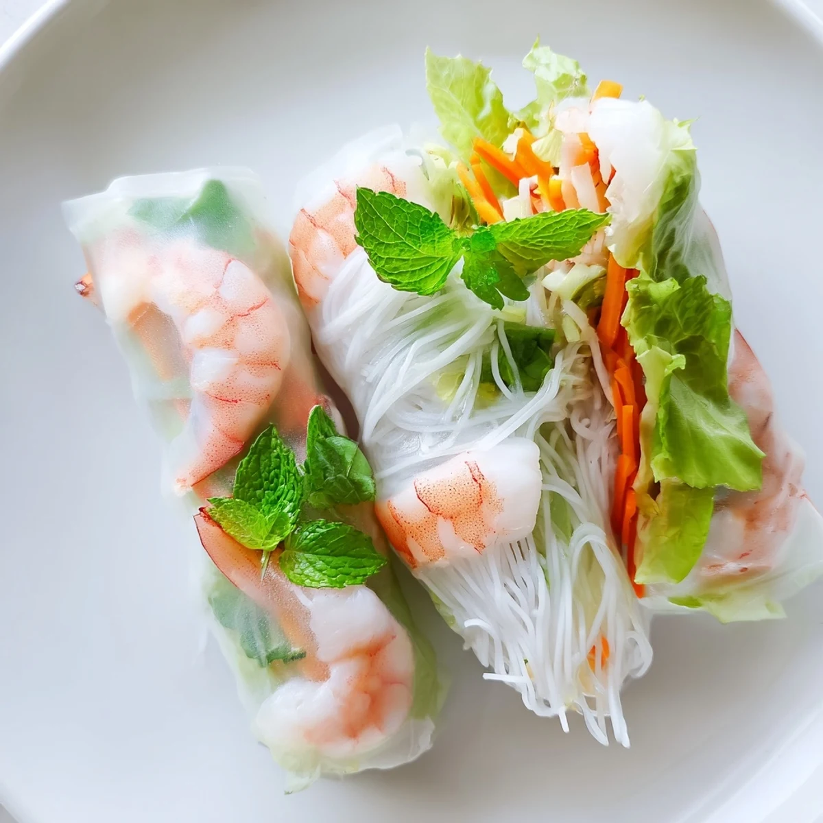 Close up of fresh Vietnamese spring rolls arranged on plate alongside creamy peanut dipping sauce