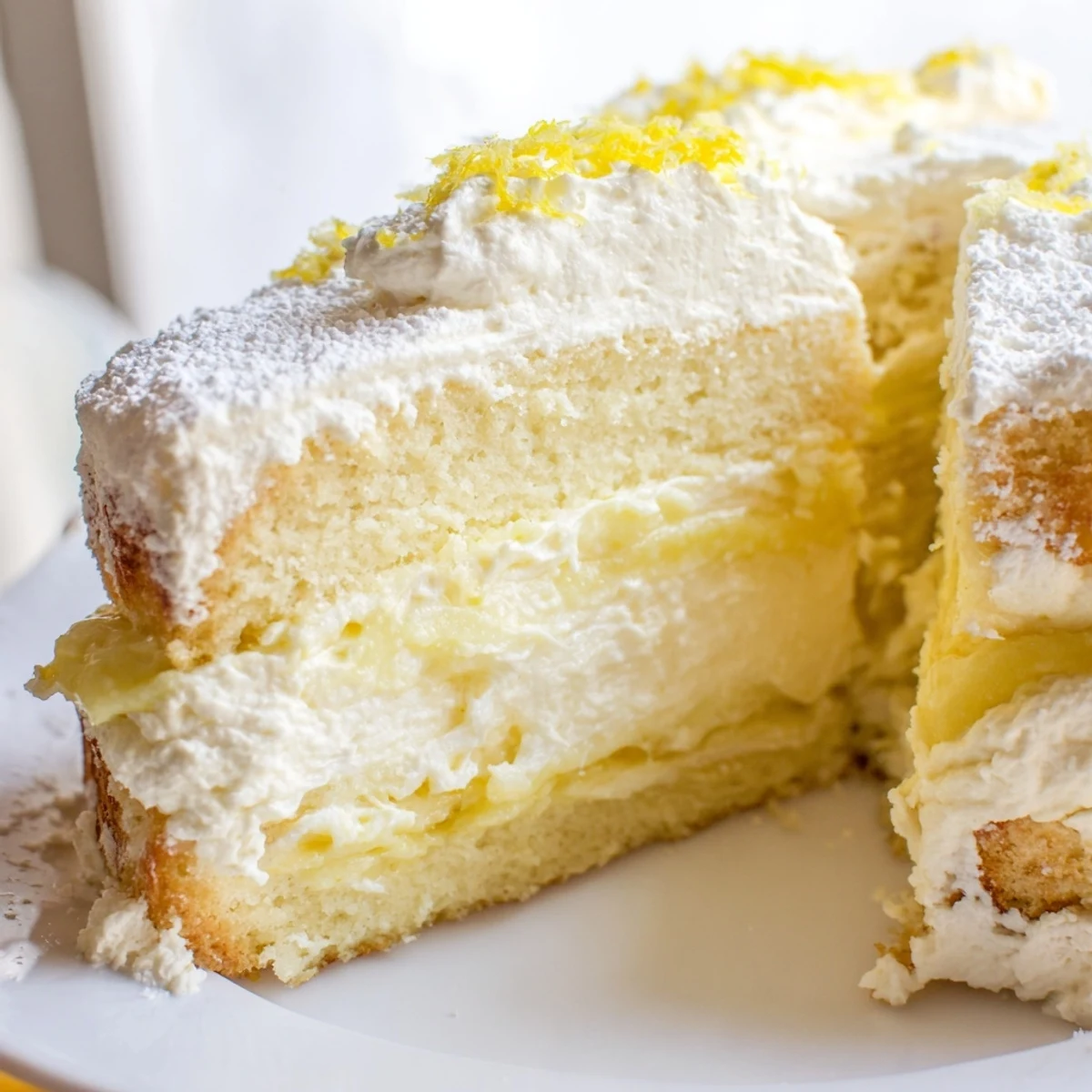 Italian lemon cream cake with fluffy layers, tangy mascarpone filling, and dusted powdered sugar topping