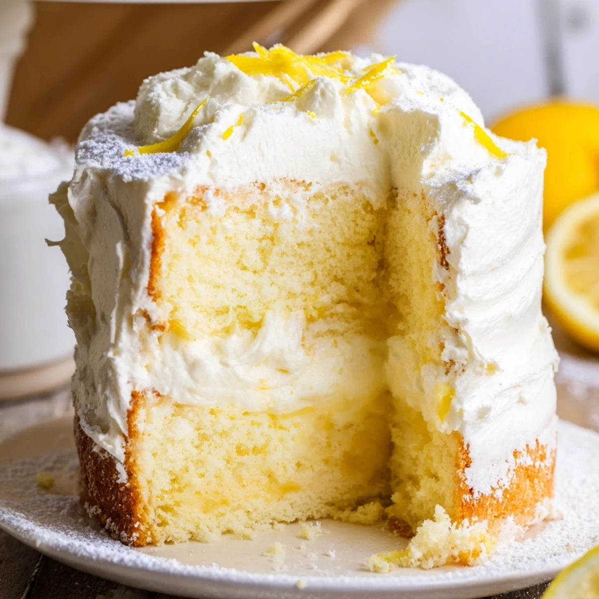 Lemon cream cake slice showing moist yellow sponge, zesty cream filling, and sweet white sugar dusting