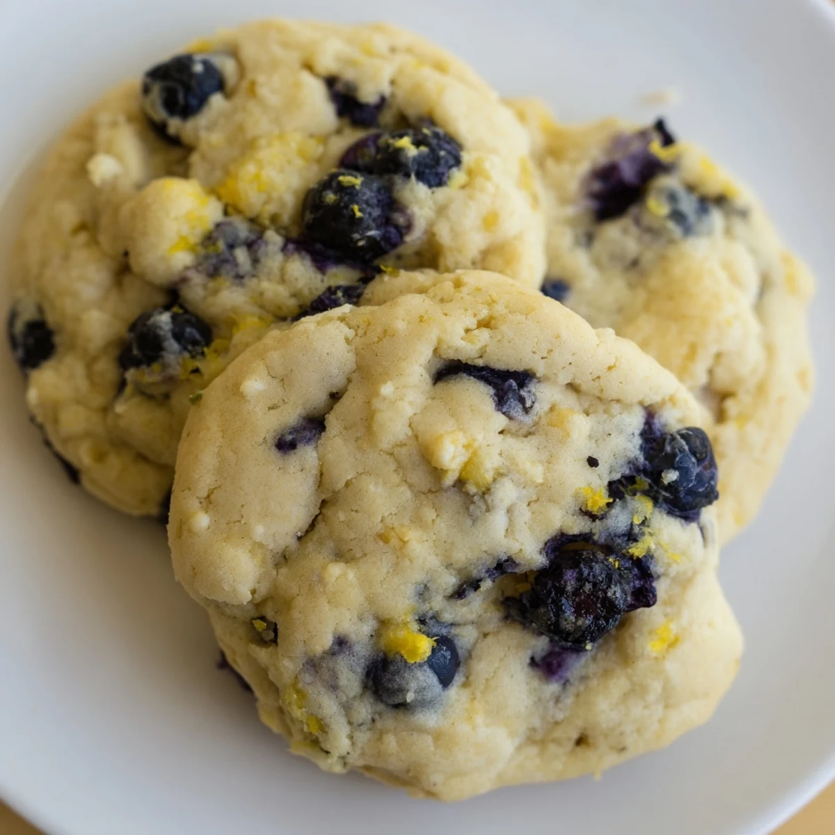 Creamy lemon blueberry cheesecake cookies topped with plump blueberries on a white plate