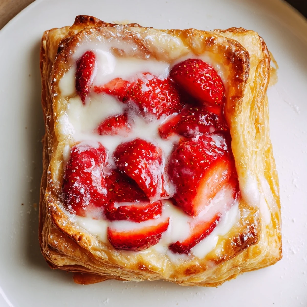 Golden strawberry danishes featuring flaky puff pastry with sweet cream cheese and fresh berry slices