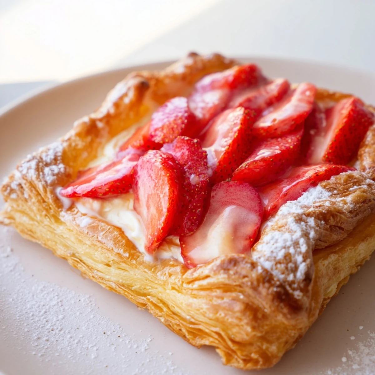 Buttery breakfast pastry topped with juicy strawberries and smooth cream cheese filling on golden baked dough