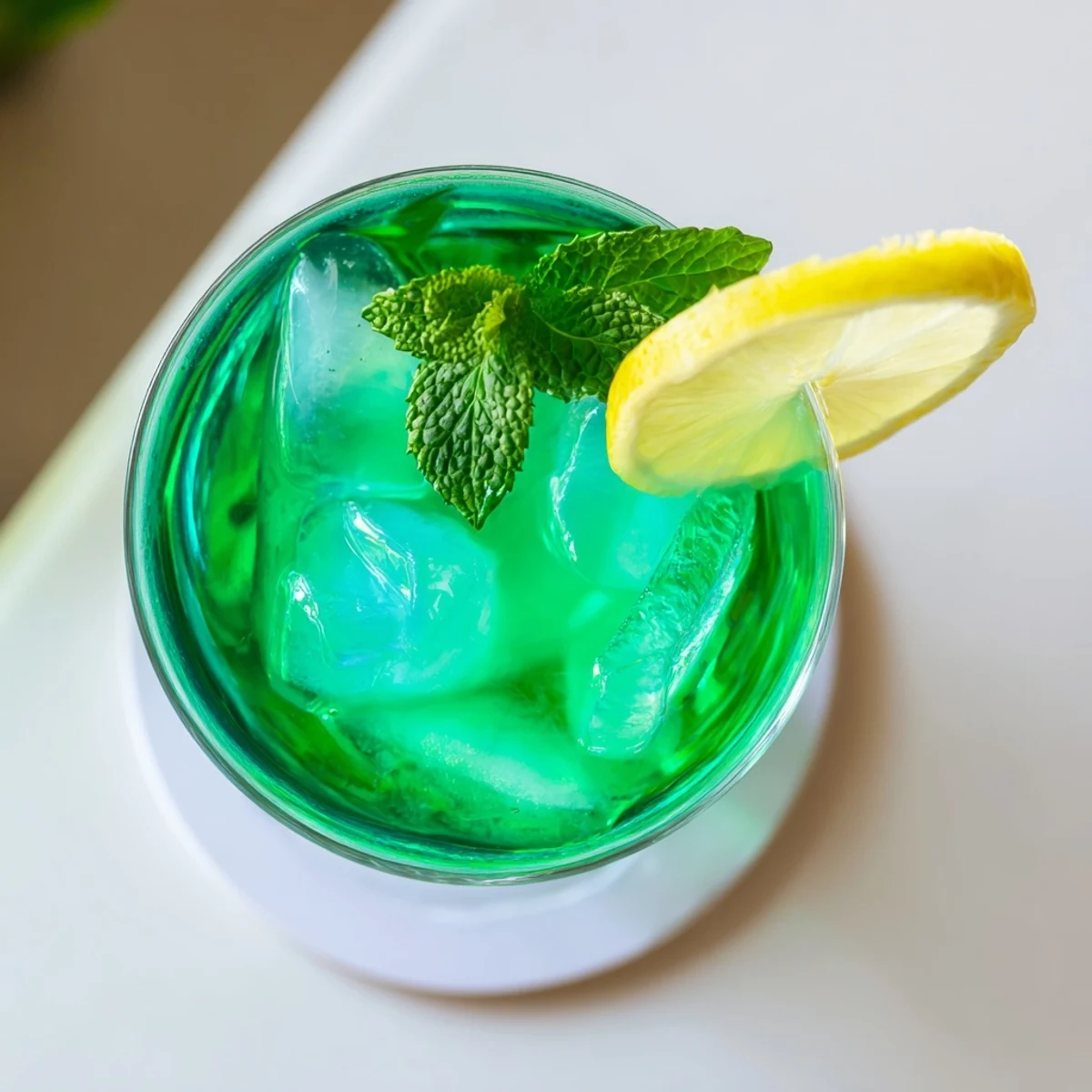 Irish whiskey and citrus cocktail showcasing emerald hue with lemon twist garnish on ice