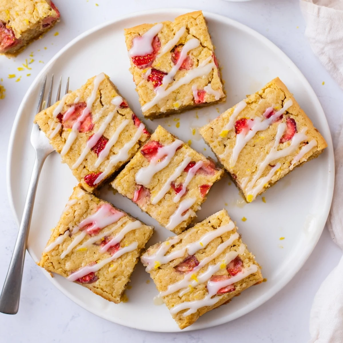 Golden strawberry lemon blondies drizzled with white lemon glaze on a white serving plate