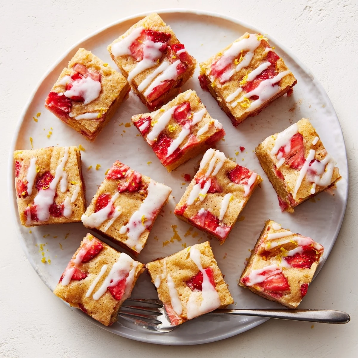 Square blondie bars flecked with lemon zest and juicy strawberry pieces under sweet glaze