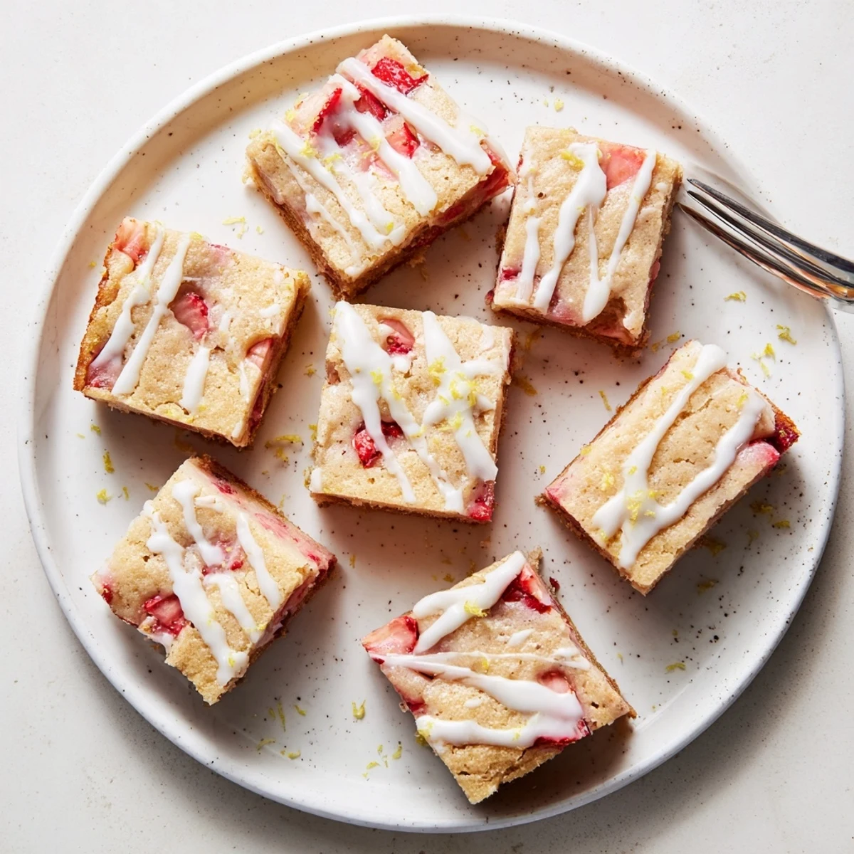 Chewy lemon blondies studded with fresh red strawberries and topped with tangy glaze