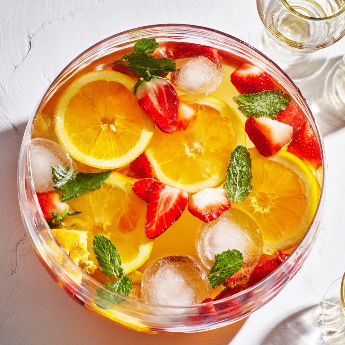 Colorful Easter Punch bowl filled with floating citrus slices, fresh strawberries, and mint in a chilled fruit juice blend