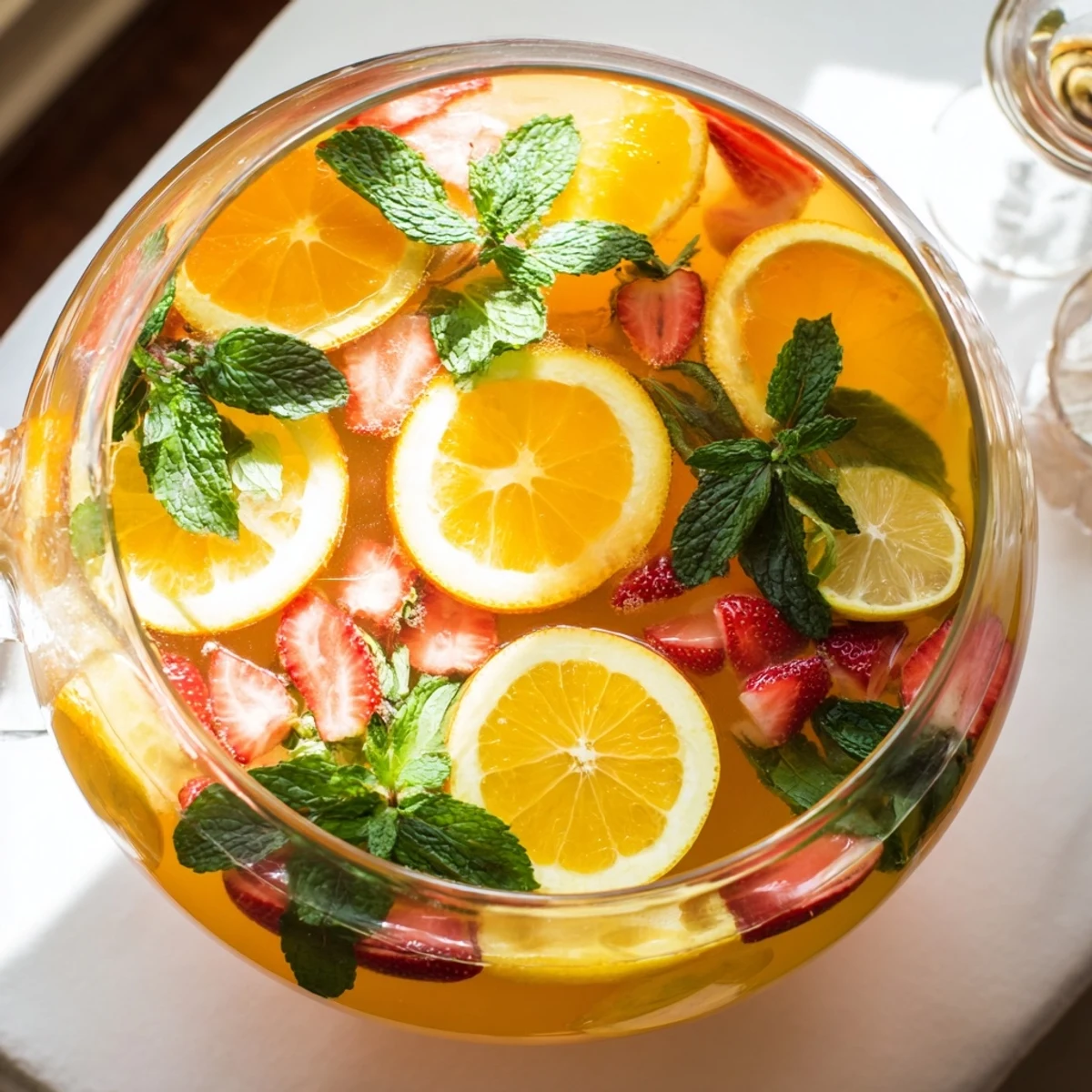 Festive Easter Punch featuring layers of orange, pineapple, and cranberry juice topped with ginger ale and fresh fruit garnishes