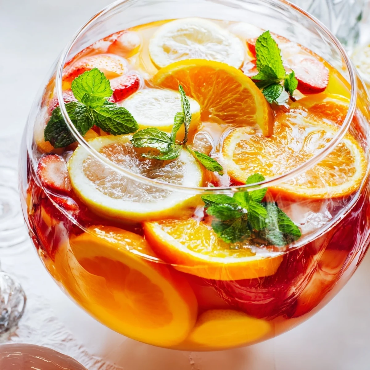 Refreshing Easter Punch served in a large glass bowl with ice, lemon wheels, and vibrant red strawberries for spring gatherings