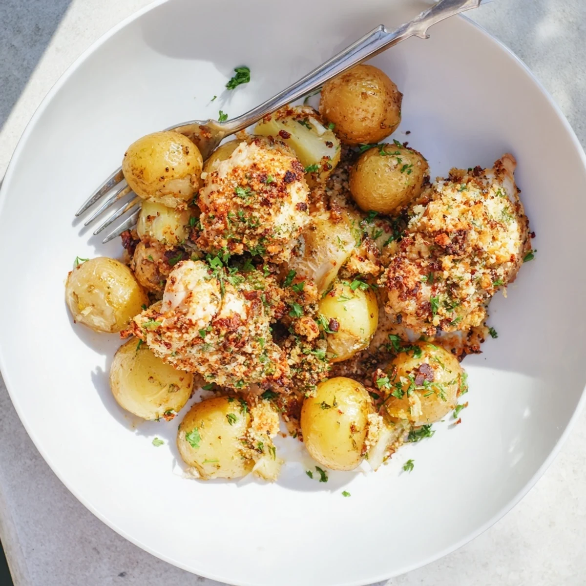 Golden brown roasted chicken breasts and baby potatoes generously coated with melted garlic Parmesan cheese and fresh herbs on a white baking sheet