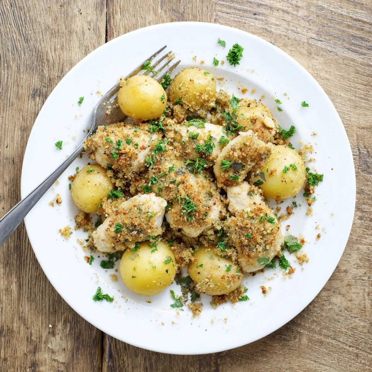 Crispy tender garlic Parmesan chicken and potatoes arranged on a rustic wooden serving board with green parsley garnish for a comforting family dinner