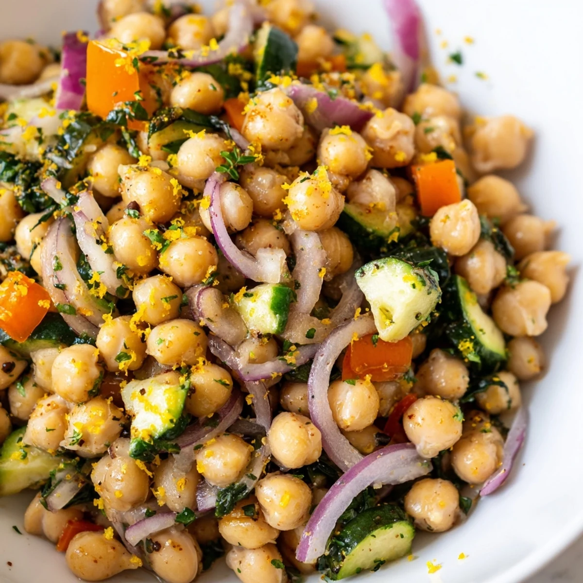 Golden chickpea lemon skillet sizzling with colorful vegetables in a cast iron pan