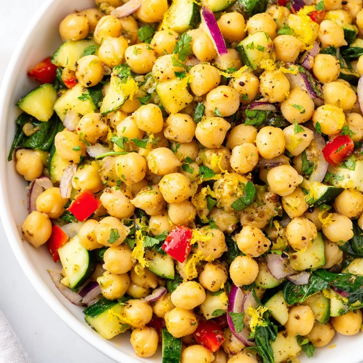 Mediterranean-inspired chickpea lemon skillet featuring red peppers, spinach, and fresh parsley garnish