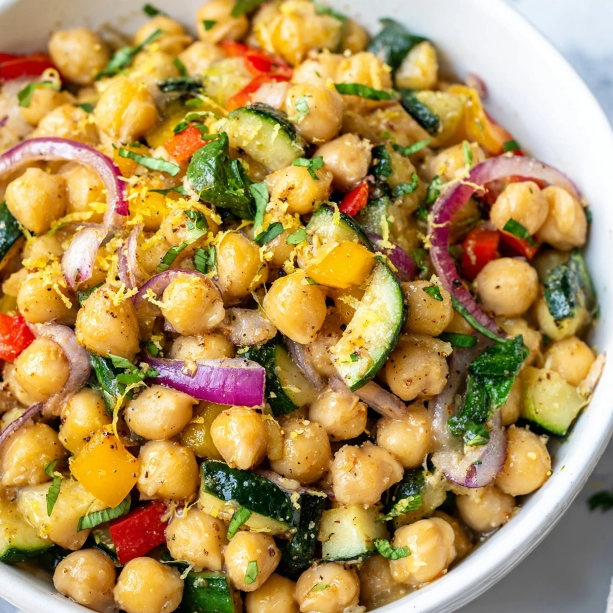 Vibrant one-pot chickpea lemon skillet served with lemon wedges for a healthy dinner