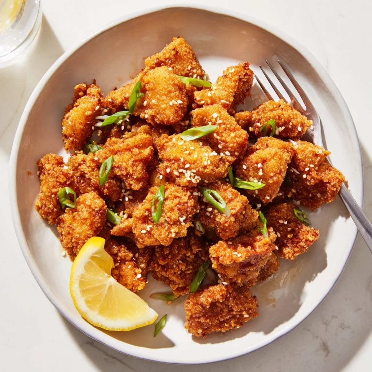 Deep-fried Hawaiian Mochiko Chicken thighs with crunchy rice flour coating and lemon wedges on side