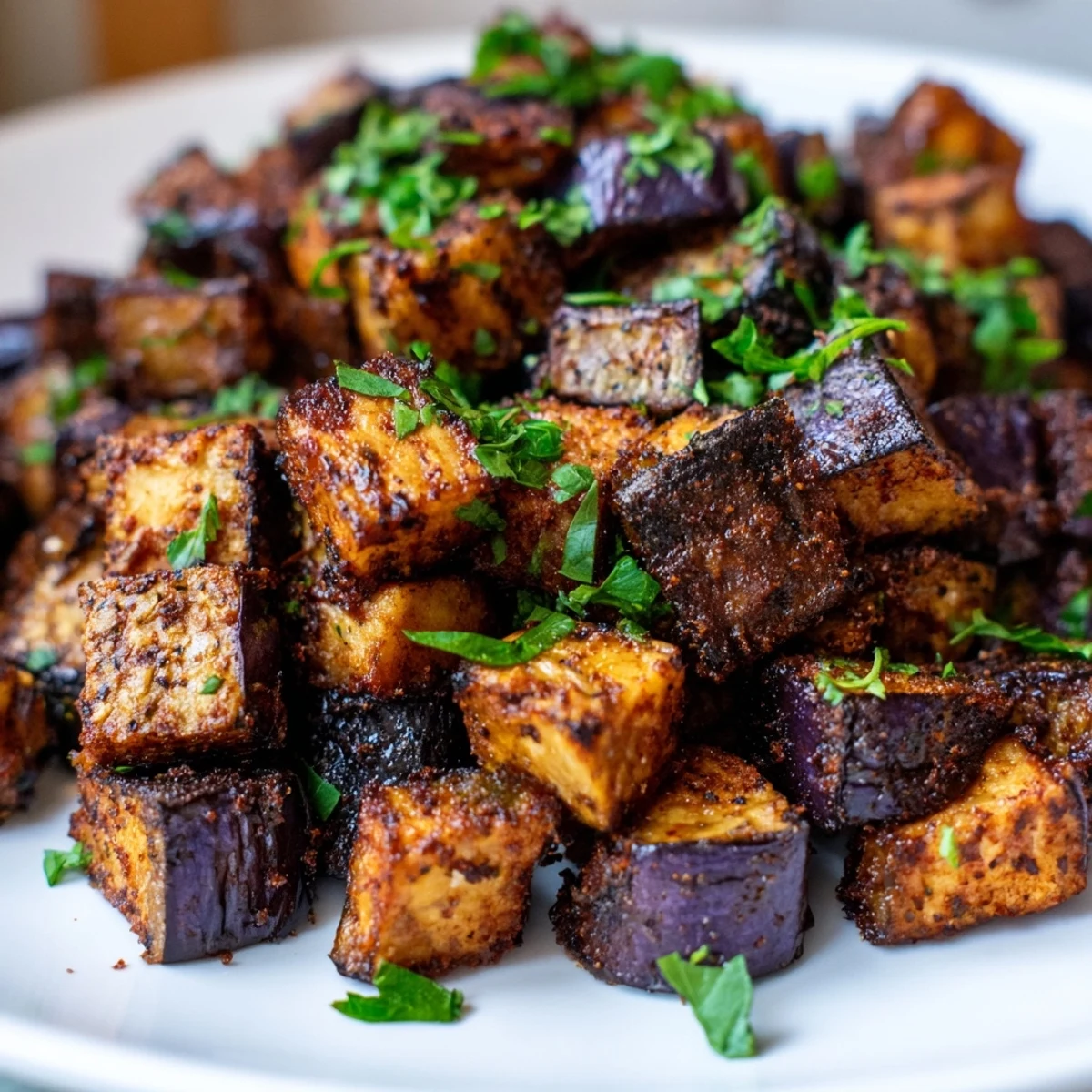Golden brown low calorie air fryer eggplant cubes seasoned with paprika and garlic