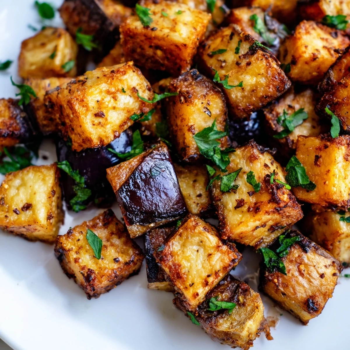 Healthy vegan eggplant bites arranged on white plate with fresh green parsley garnish
