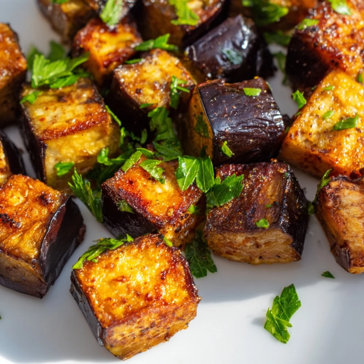 Crispy tender Mediterranean style eggplant pieces air fried until lightly golden and fragrant