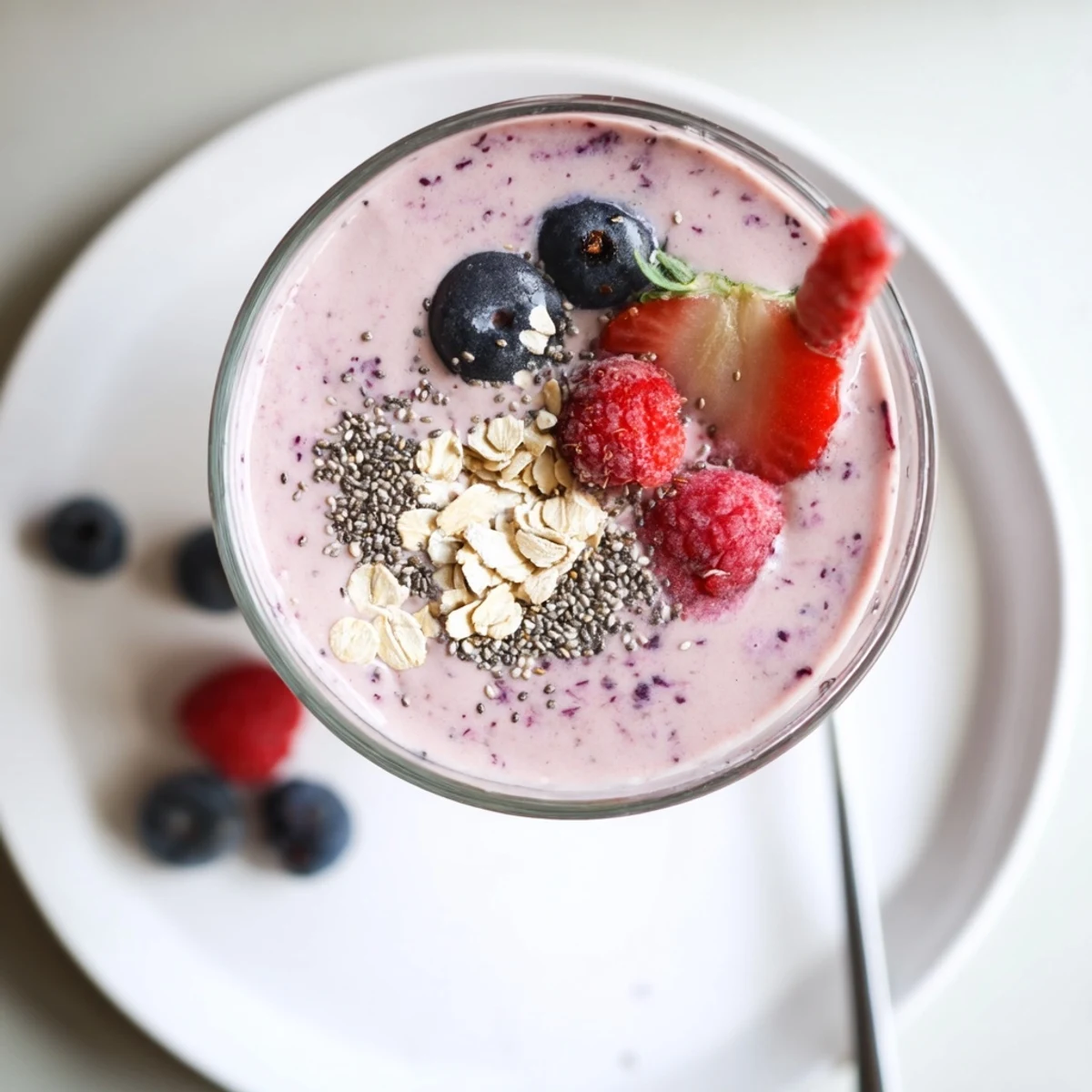 Thick purple Greek yogurt breakfast smoothie topped with fresh berries in a clear glass