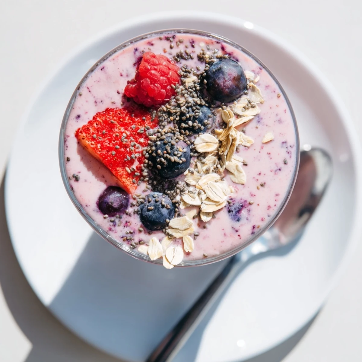 Creamy Greek yogurt breakfast smoothie blended with banana and mixed berries on a wooden table