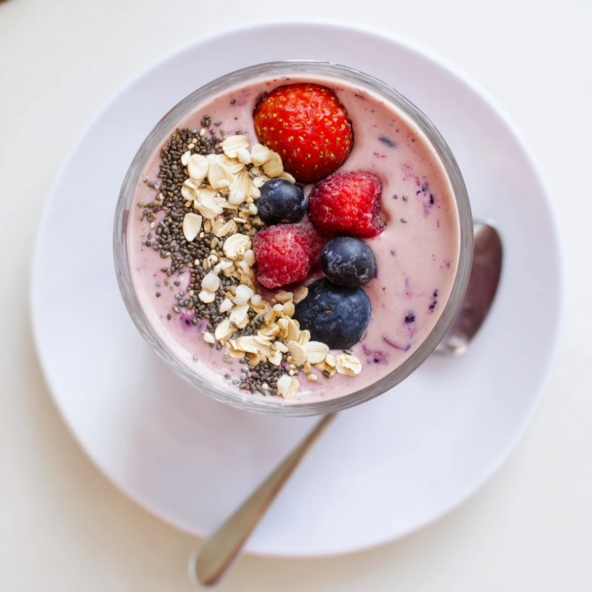 Protein-packed Greek yogurt breakfast smoothie poured into a tall glass with vibrant purple color