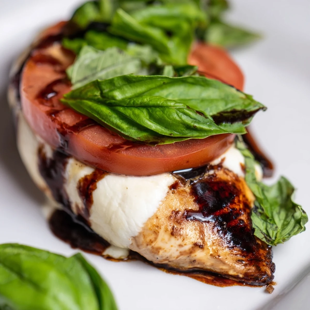 Golden brown chicken breasts drizzled with tangy balsamic glaze and topped with melted mozzarella cheese