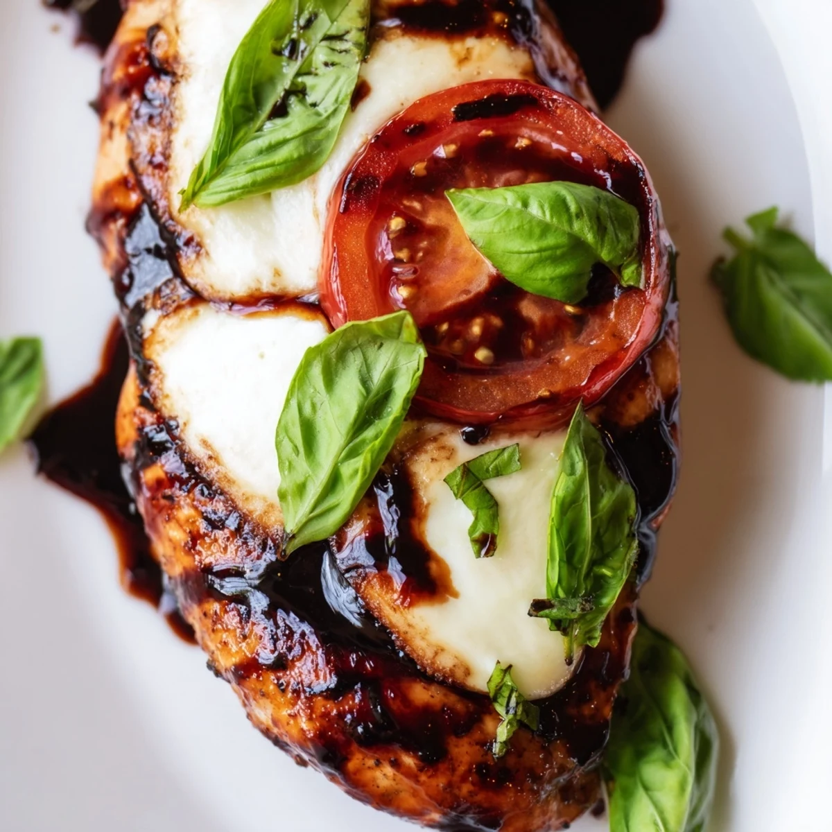 Baked balsamic chicken breast with bubbly mozzarella topping and fresh basil garnish on a white plate