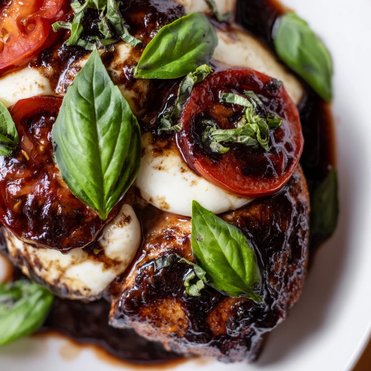 Tender Italian-style chicken breast baked in sweet balsamic vinegar with melted mozzarella and sliced tomato topping