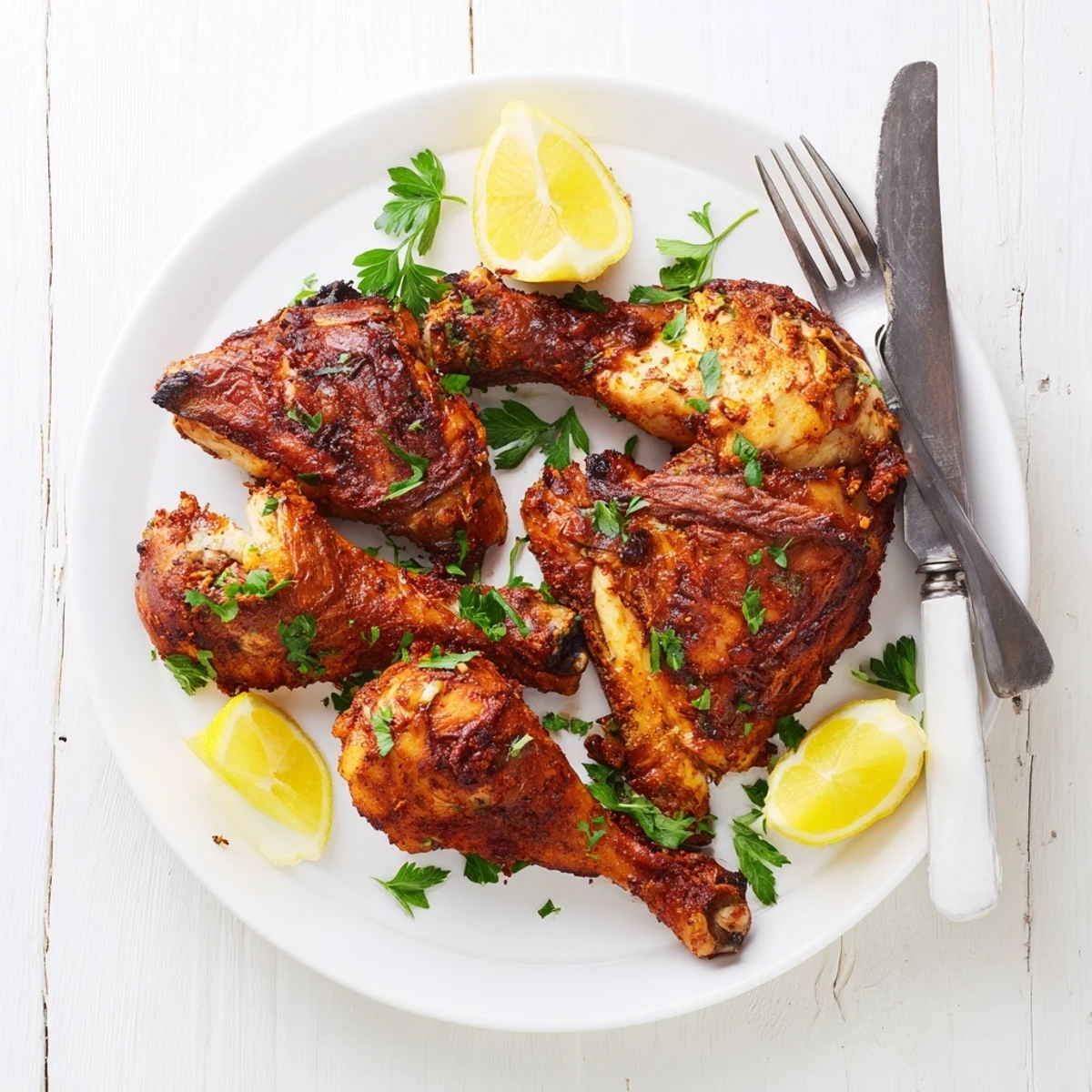 Juicy herb-seasoned buttermilk chicken served with fresh parsley and lemon wedges on plate
