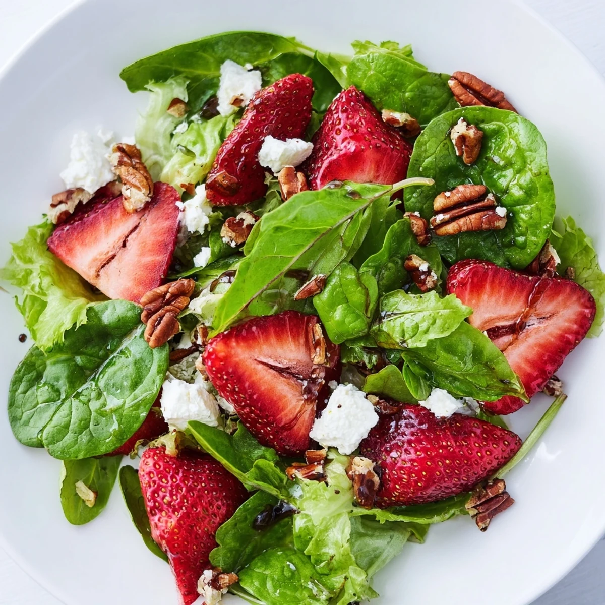 Fresh strawberry fields salad with juicy berries, creamy goat cheese, and toasted pecans on mixed greens