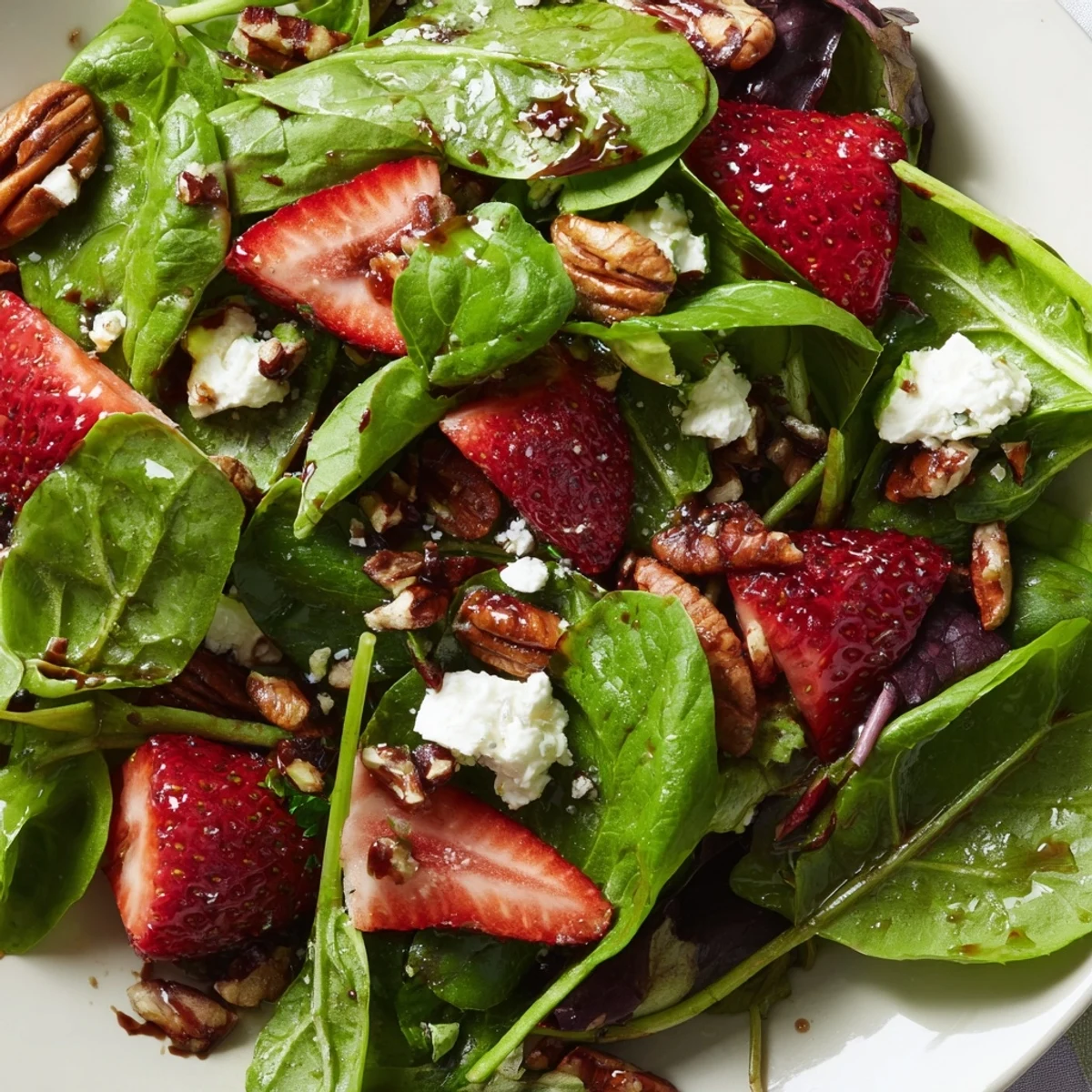 Vibrant strawberry fields salad bowl featuring crisp arugula, sliced strawberries, red onion, and tangy crumbled cheese
