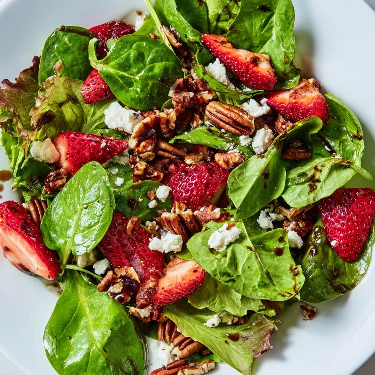 Colorful strawberry fields salad tossed in honey balsamic dressing with fresh basil and crunchy walnuts