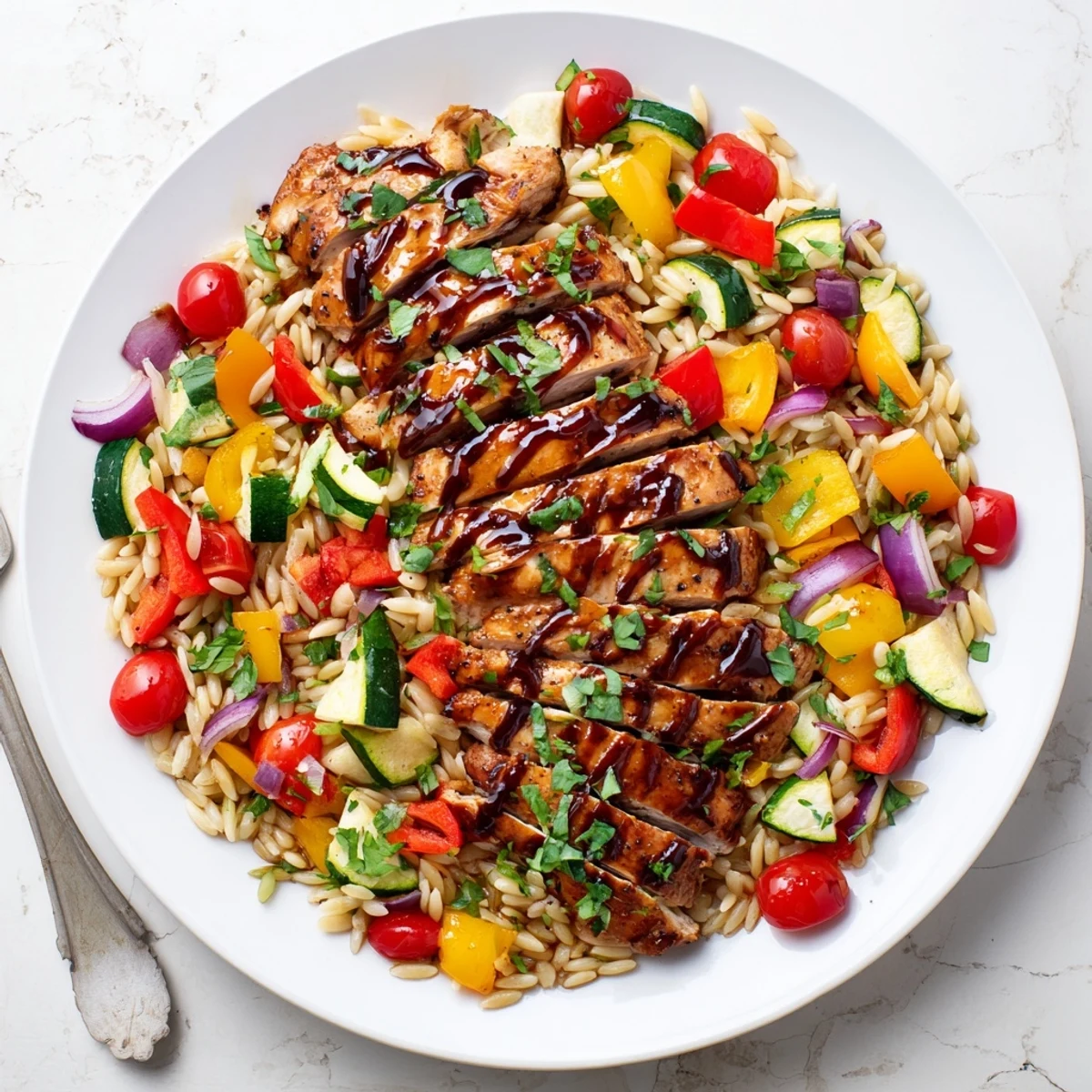Golden balsamic glazed chicken breast plated over colorful roasted vegetables and fluffy orzo pasta