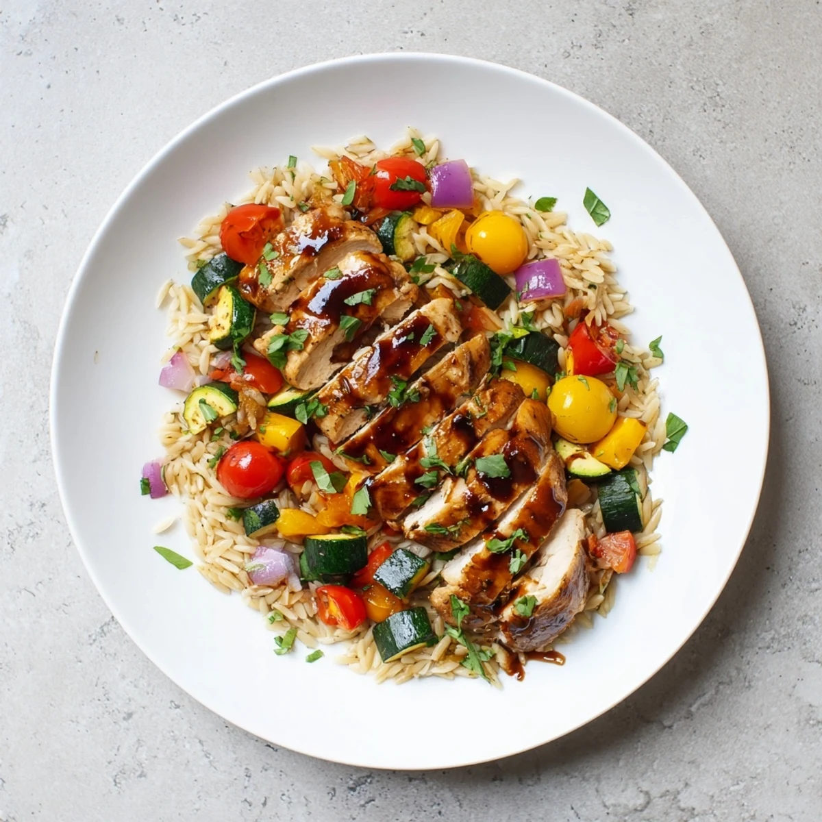 Rustic one pan meal featuring glazed chicken peppers zucchini cherry tomatoes and lemon seasoned orzo