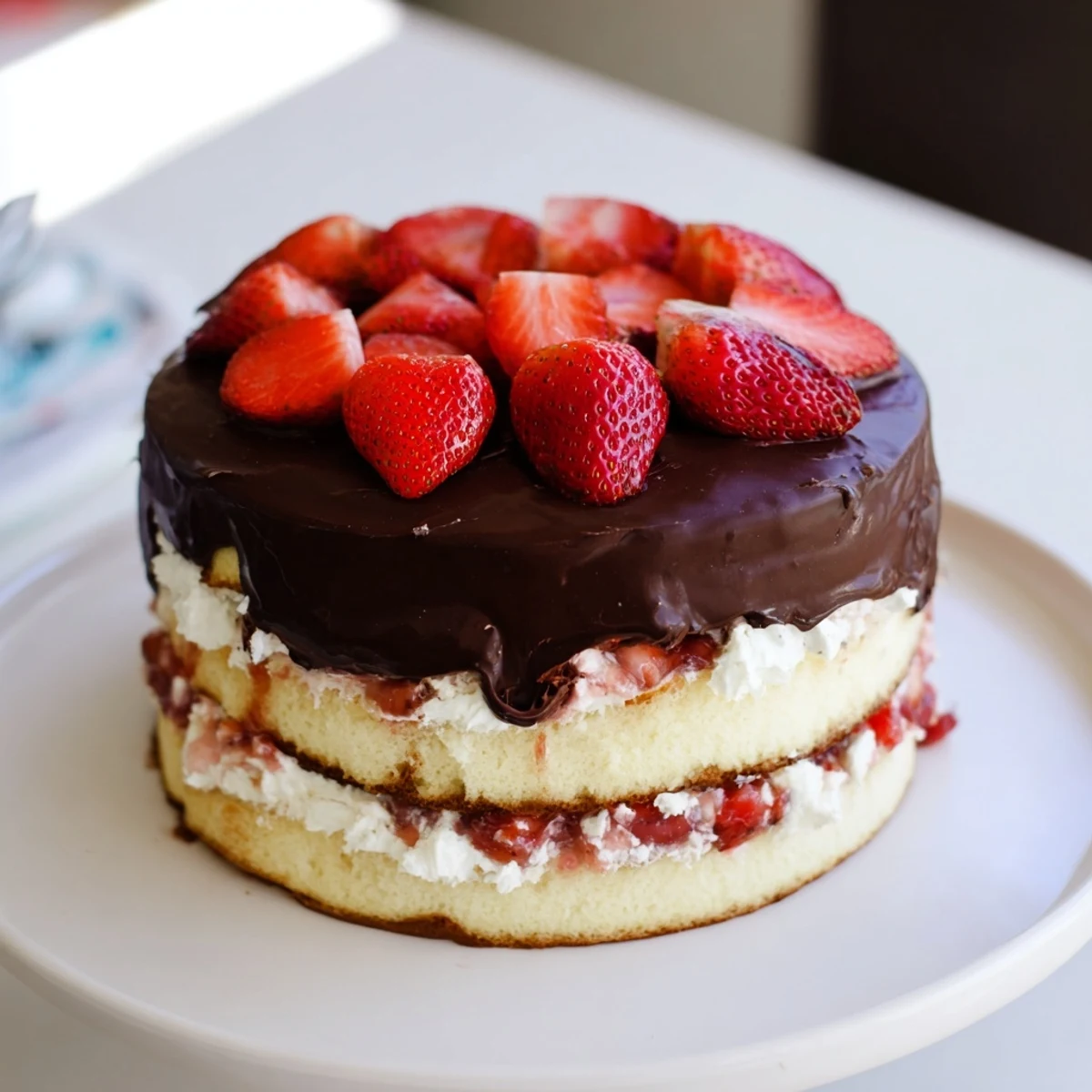 Decadent strawberry chocolate shell cake with glossy dark chocolate dripping down vanilla sponge layers
