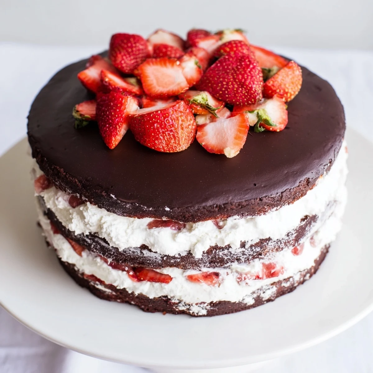 Show-stopping strawberry chocolate shell cake featuring fresh strawberries and crackling chocolate coating