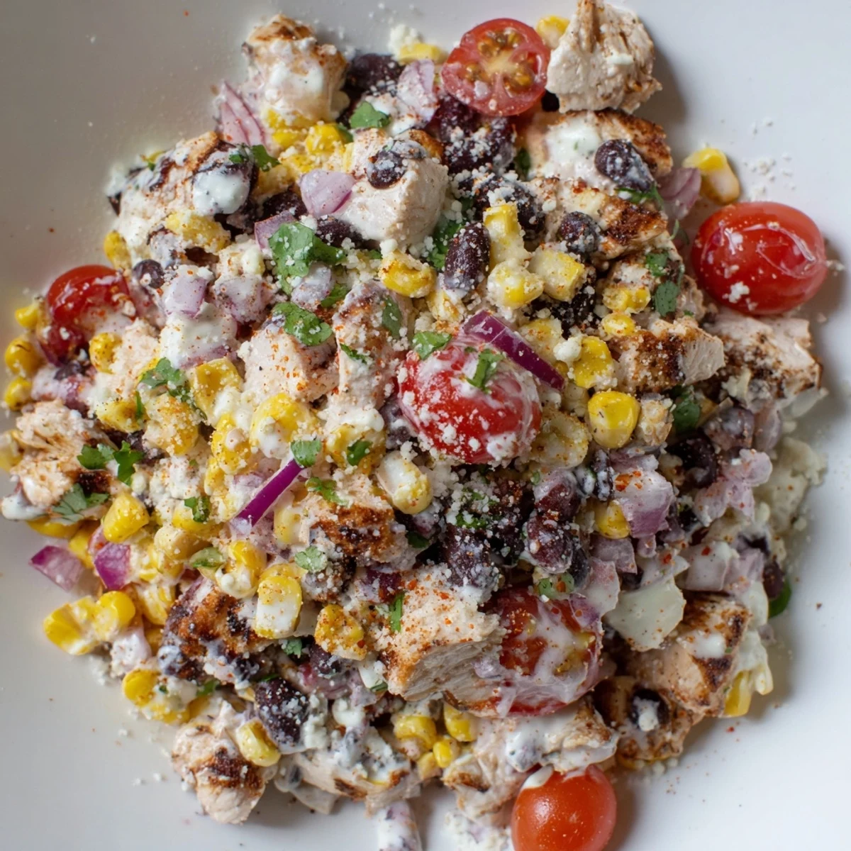 Colorful bowl of high protein chicken street corn salad with grilled chicken chunks, sweet corn, black beans, and creamy dressing topped with crumbled cheese