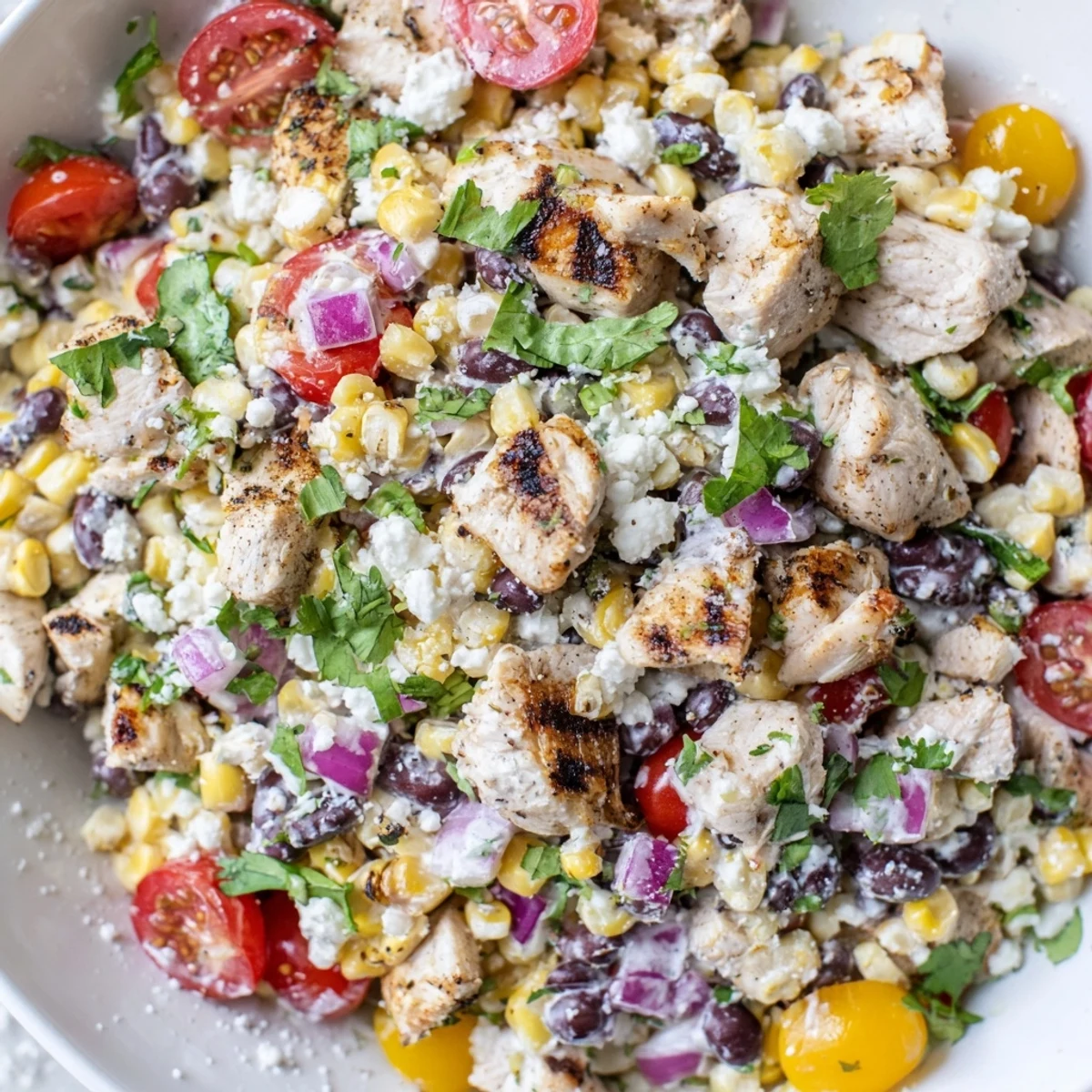 Fresh high protein chicken street corn salad featuring charred corn kernels, juicy grilled chicken, tomatoes, and tangy Greek yogurt dressing in a white bowl