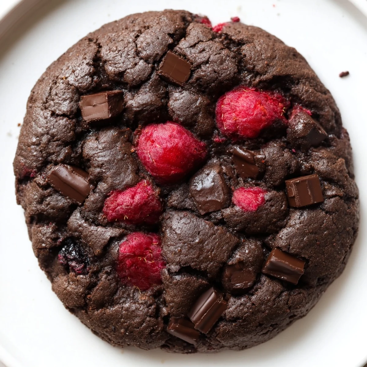 Freshly baked dark chocolate raspberry cookies with melted chunks and juicy berries on a cooling rack