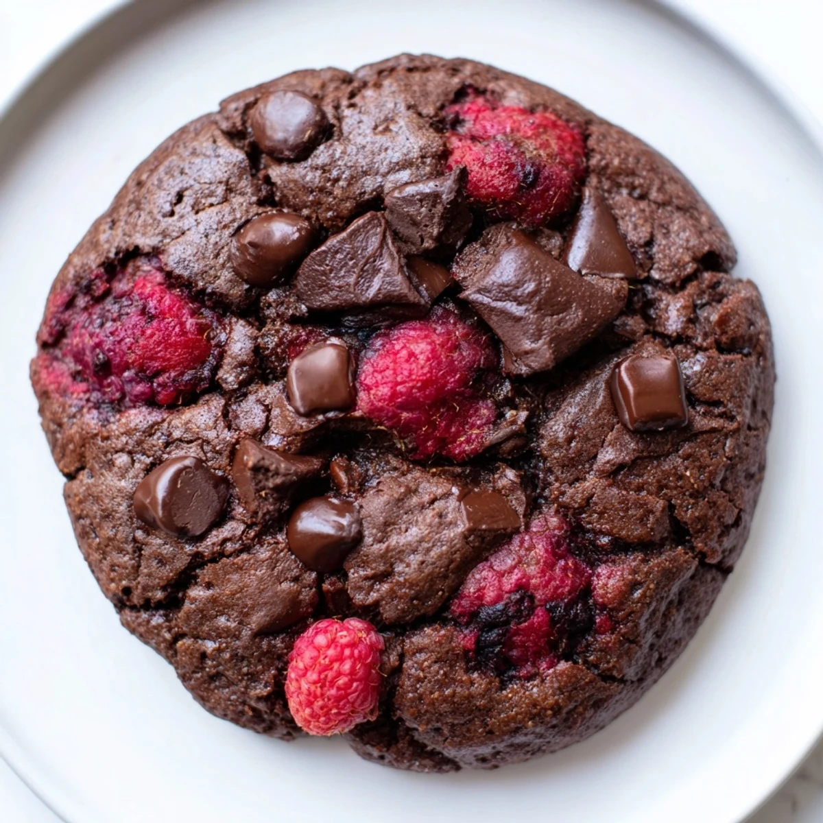 Chewy dark chocolate raspberry cookies featuring chocolate chips and tart raspberries on a white plate