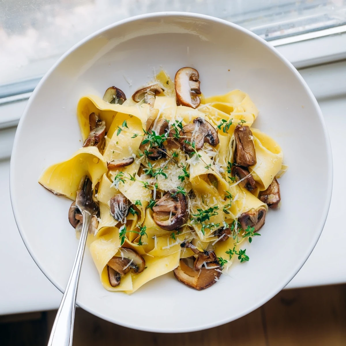 Wide ribbon pasta tossed with savory garlic butter mushrooms and freshly grated Parmesan cheese